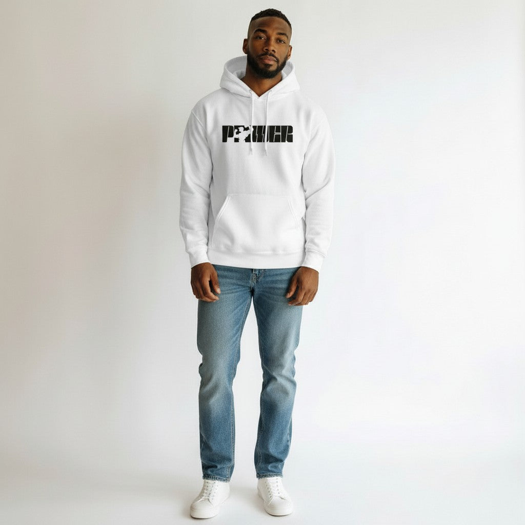 GYM PANTHERS white cotton-blend pullover hoodie with black 'POWER' graphic featuring a weightlifter silhouette.