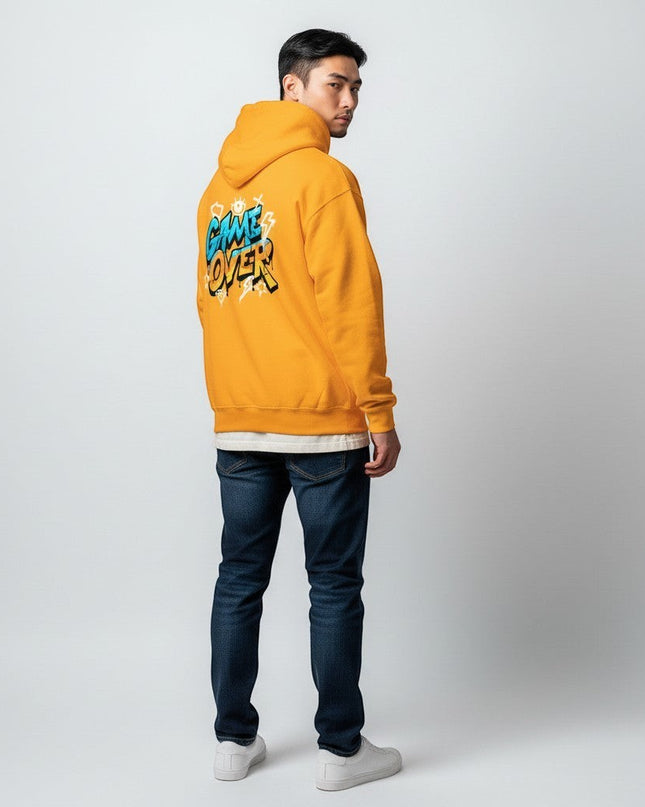 GYM PANTHERS yellow hoodie with "GAME OVER" graffiti graphic on back. Soft-touch finish, structured fit.