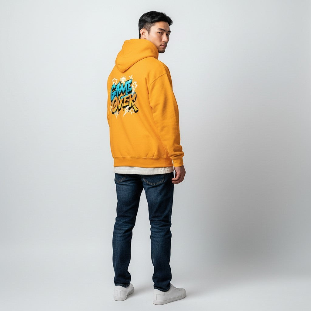 GYM PANTHERS yellow hoodie with "GAME OVER" graffiti graphic on back. Soft-touch finish, structured fit.