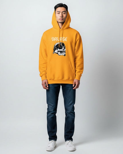GYM PANTHERS yellow hoodie with "SAVAGE" text and skull graphic wearing a bandana.