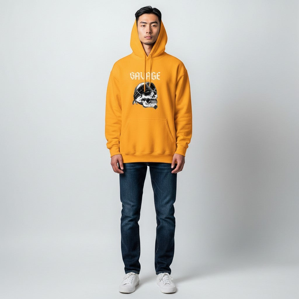 GYM PANTHERS yellow hoodie with "SAVAGE" text and skull graphic wearing a bandana.