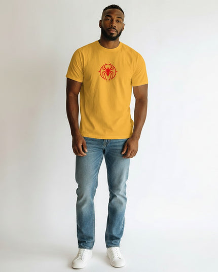 GYM PANTHERS yellow t-shirt with a red spider graphic on the chest. Short sleeves, crew neck.